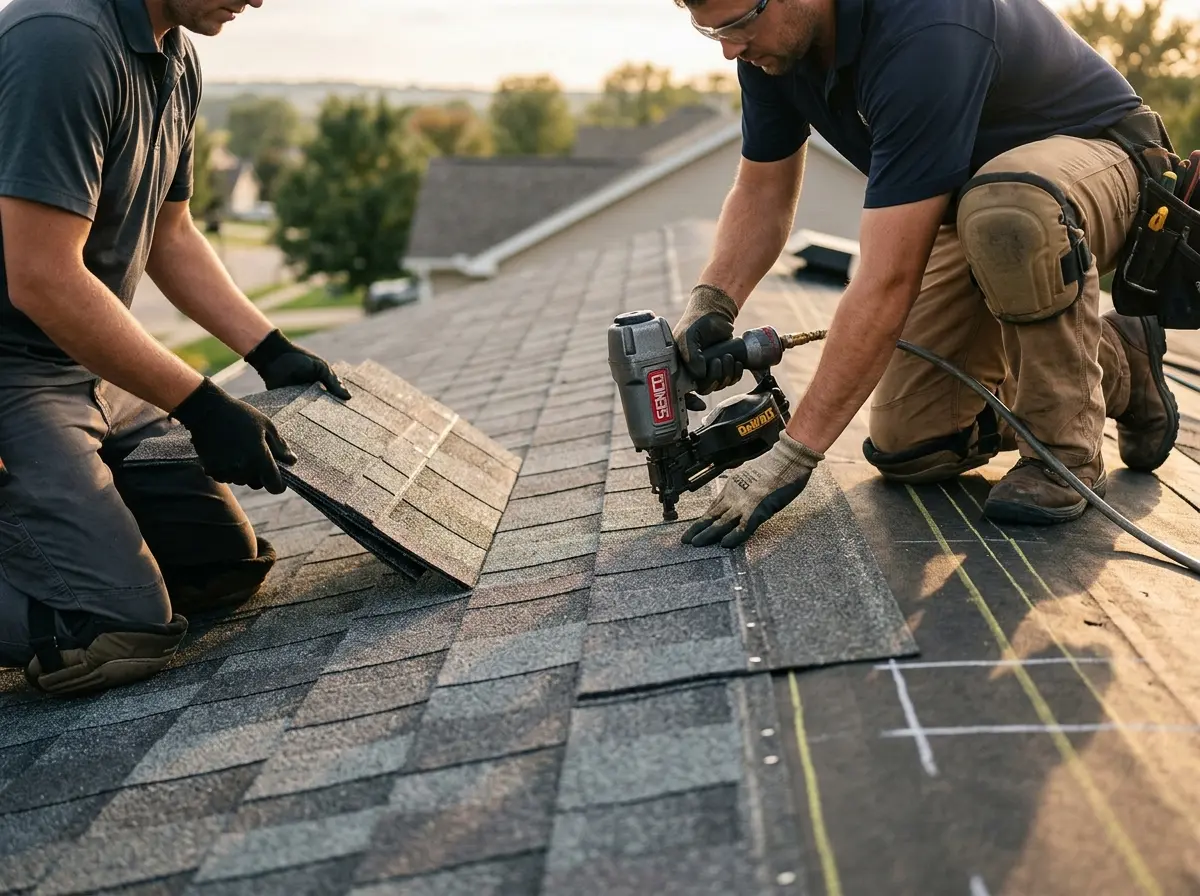 Professional roofer working on a residential roof in Acushnet